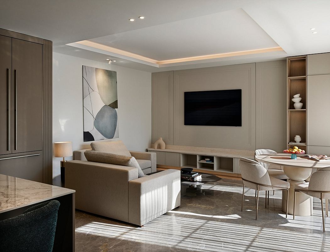 Elegant living room with custom cabinetry, warm lighting, and modern artwork.