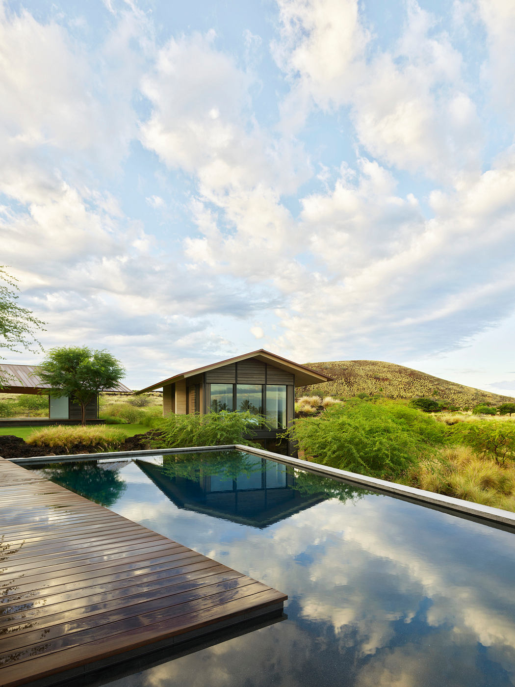 Modern glass-walled residence nestled in lush green landscape with a serene reflecting pool.