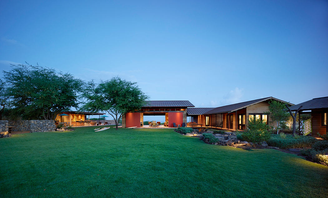Scenic modern ranch-style complex with warm wood accents and lush landscaping.