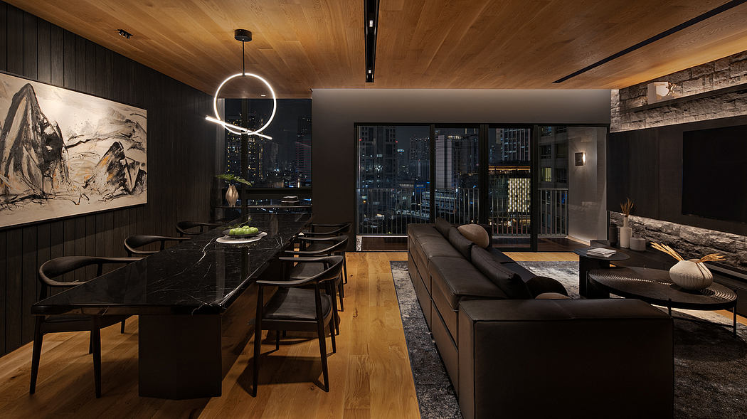 Captivating modern loft with sleek furnishings, dramatic lighting, and breathtaking city view.