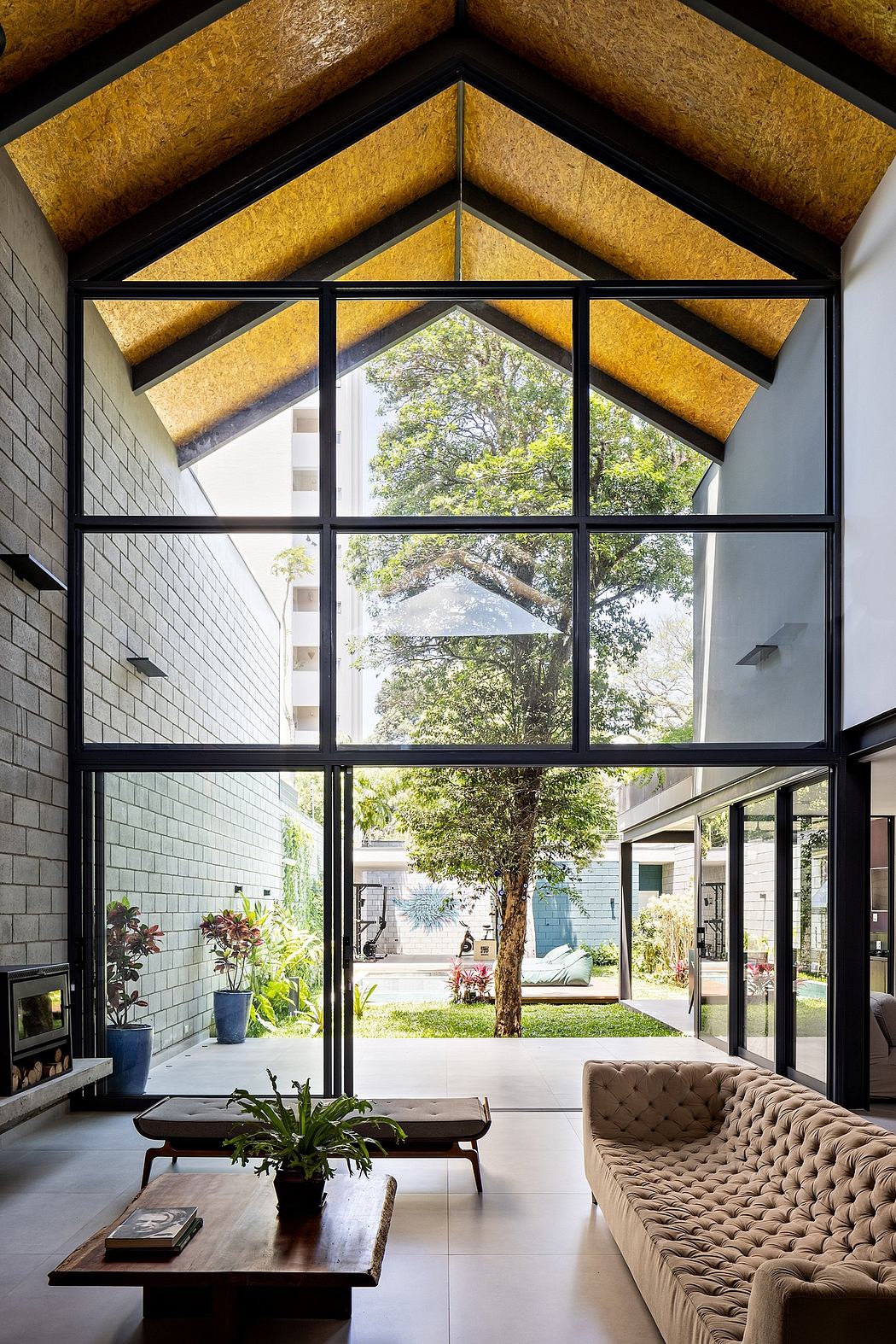 Stunning architectural details and natural views through large, modern windows.