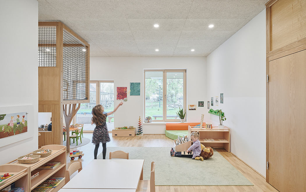 Spacious, bright children's room with wood furnishings, shelving, and playful decor.