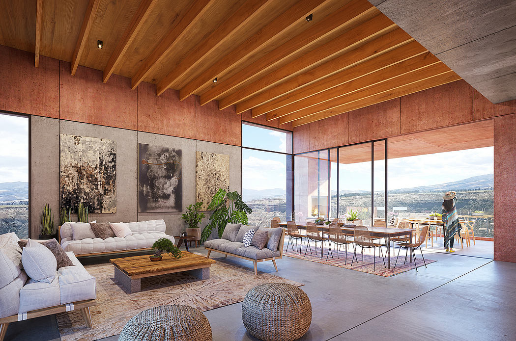 Open-concept living space with wood-paneled ceiling, large windows, and modern furnishings.
