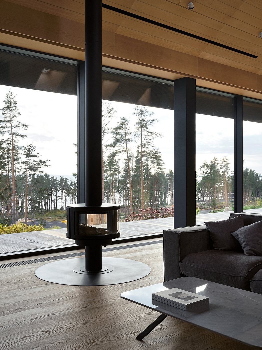 Floor-to-ceiling windows overlook a forested landscape, with a modern fireplace and furniture in the foreground.