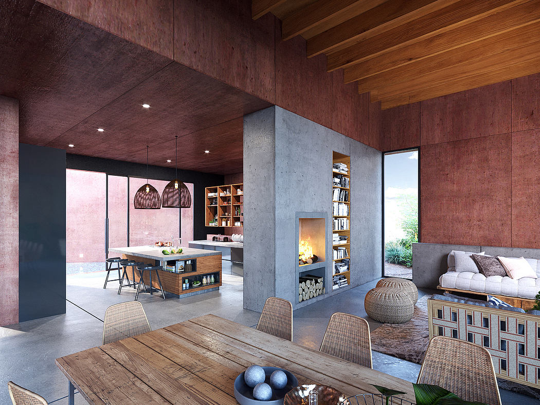 Rustic yet modern space with warm wood ceilings, concrete walls, and inviting furniture.