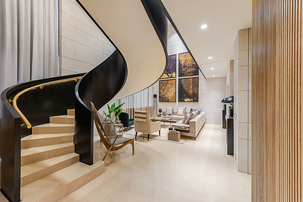 Elegant modern living room with curved wooden staircase, large windows, and contemporary furniture.