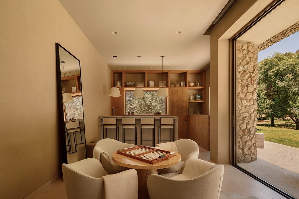 Warm-toned room with wooden shelving, stone accent wall, and modern furnishings.
