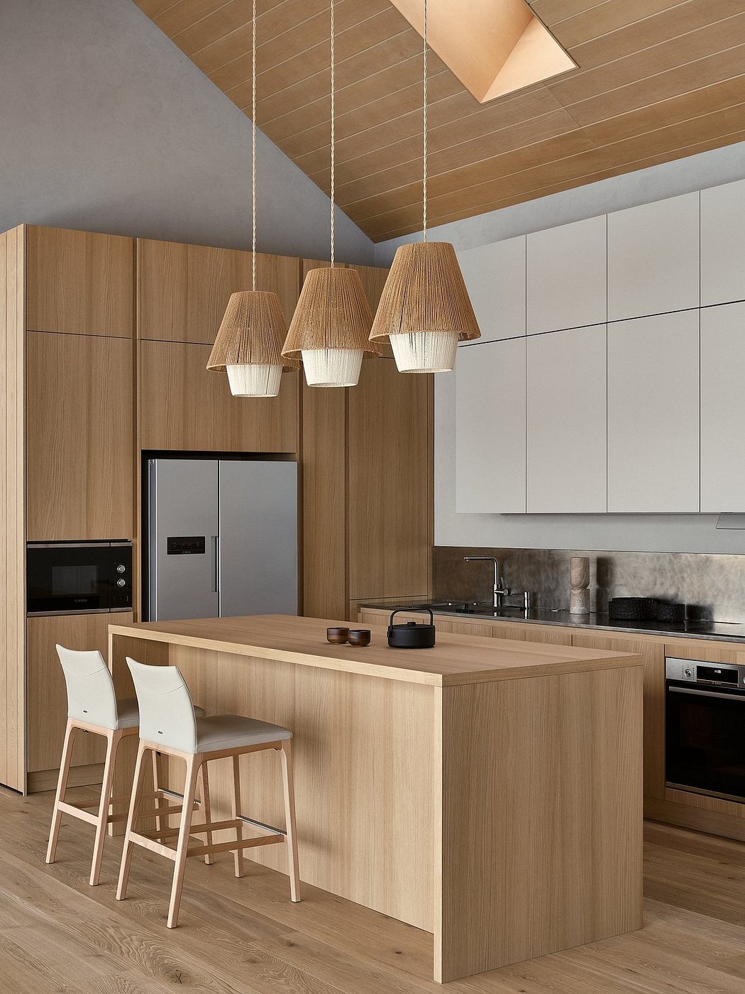 A modern kitchen interior with wooden cabinetry, hanging pendant lamps, and a stylish countertop island.