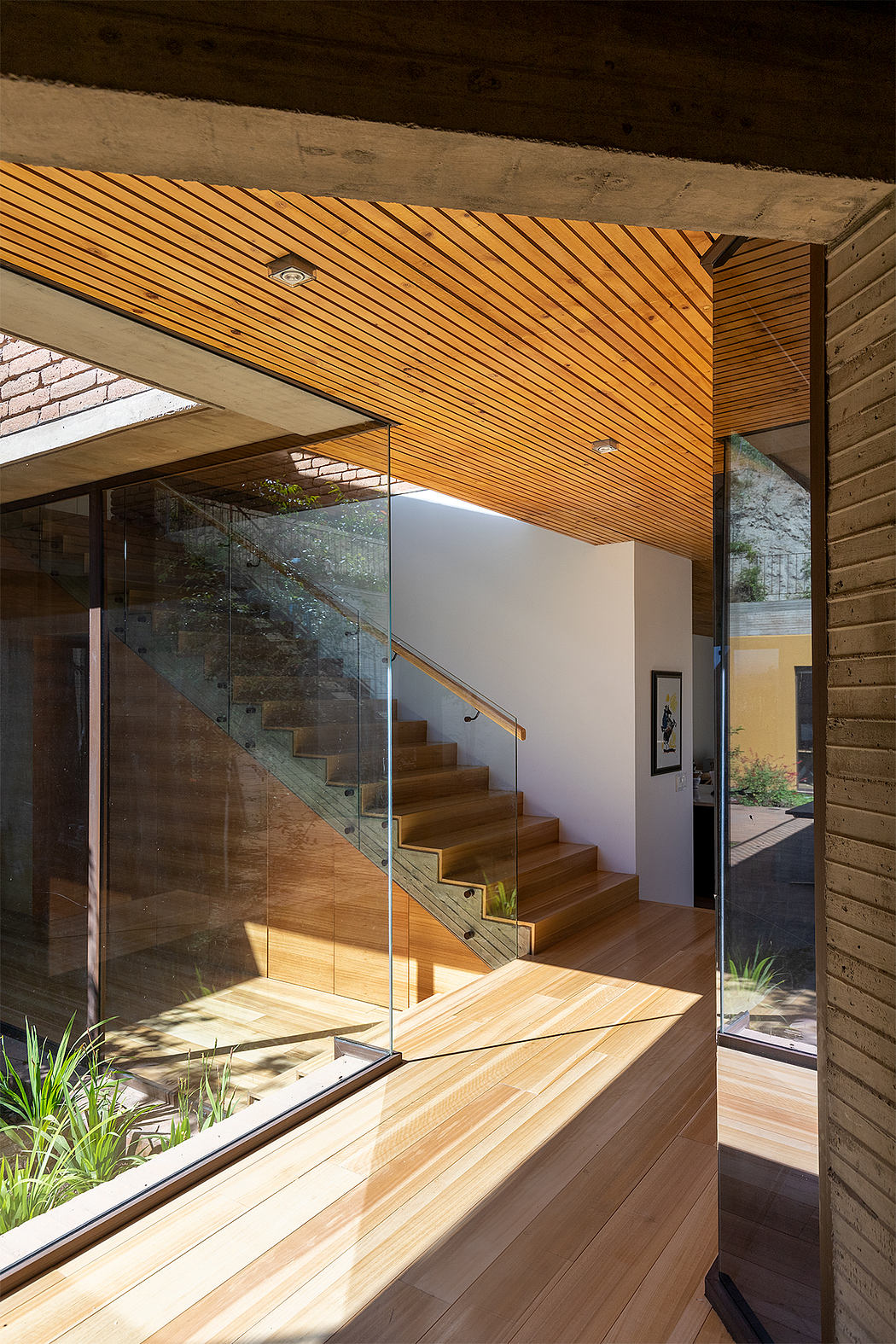 Stunning wooden ceiling and staircase with glass walls overlooking nature.