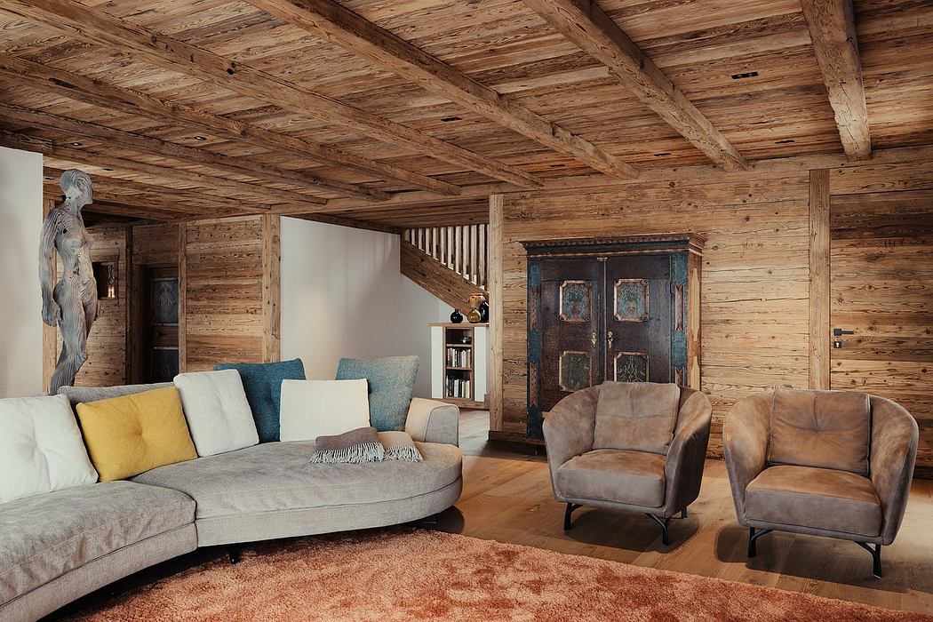 Cozy rustic living space with exposed wooden beams, plush seating, and antique furnishings.