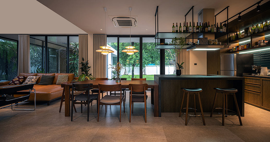 A modern, open-concept living space with floor-to-ceiling windows, a wooden dining table, and a sleek kitchen.