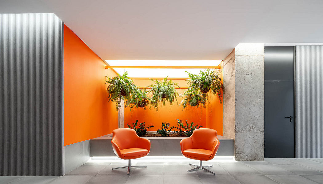 An interior with vibrant orange walls, potted plants, and modern, swivel armchairs.