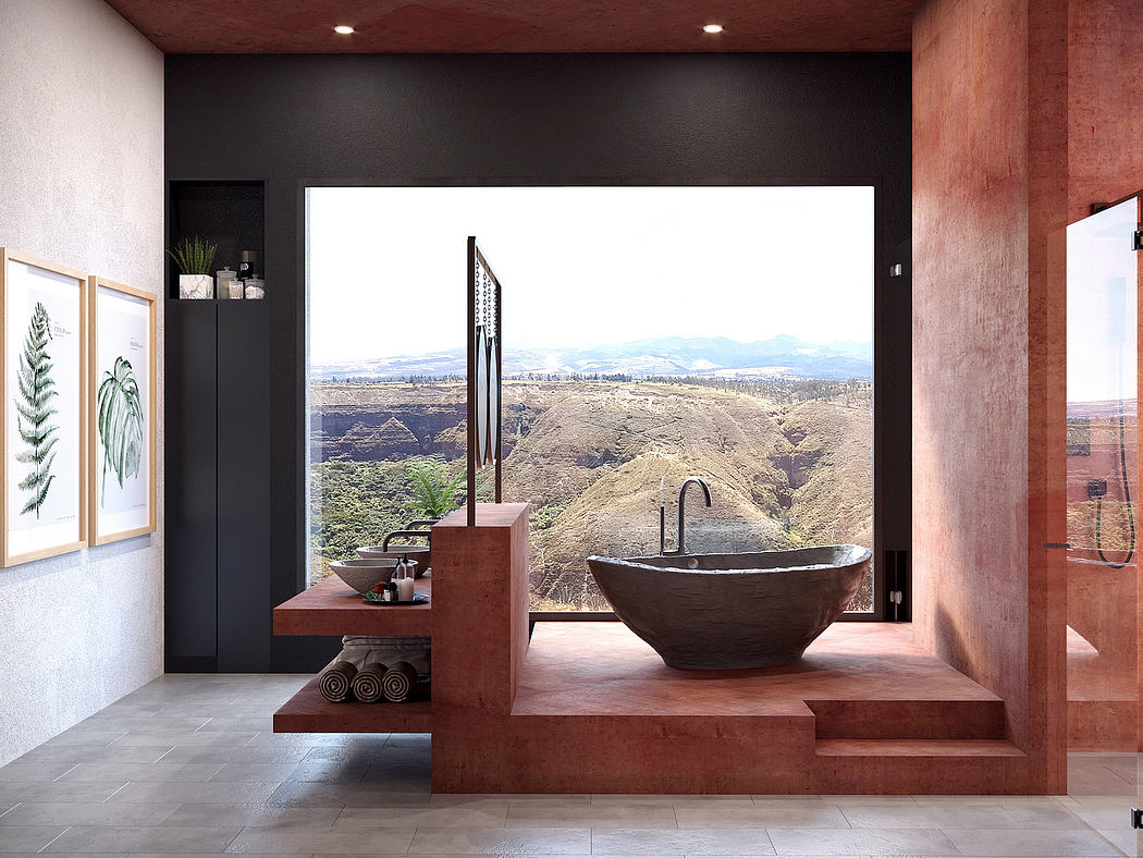 Luxurious bathroom with a panoramic desert view, featuring sleek wooden vanity and statement bathtub.