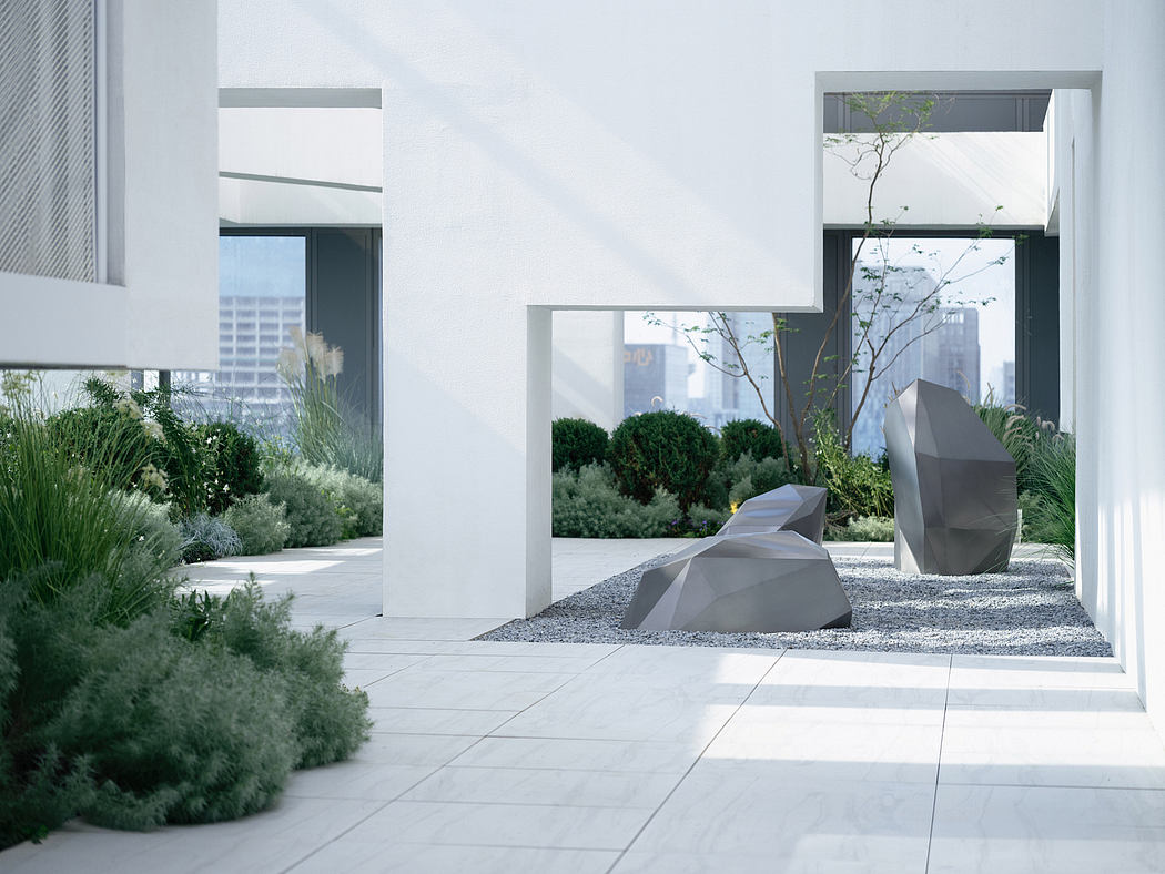 Minimalist contemporary rooftop garden with angular sculptural elements and foliage.