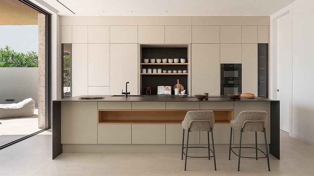 Sleek modern kitchen with minimalist cabinetry, open shelving, and breakfast bar.