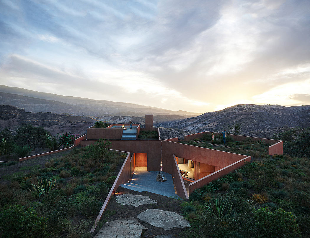 Striking modernist architecture blending seamlessly with rugged desert landscape.