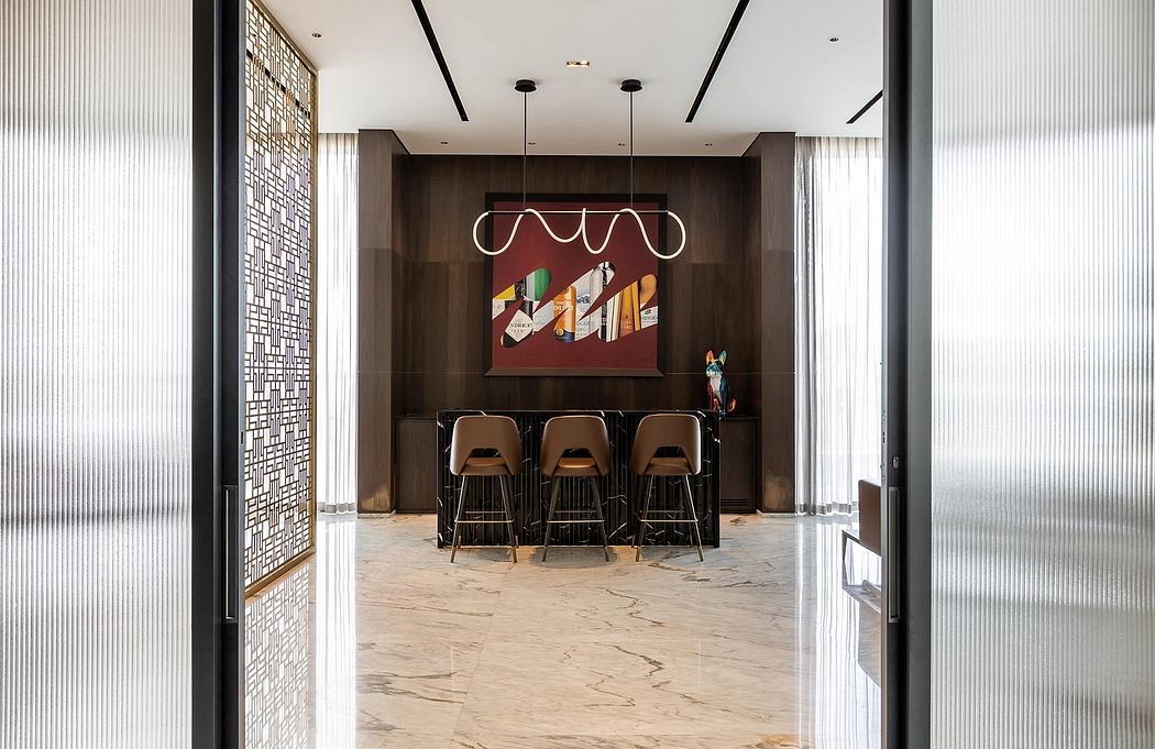 Contemporary open-plan interior with sleek furniture, geometric patterns, and modern lighting.