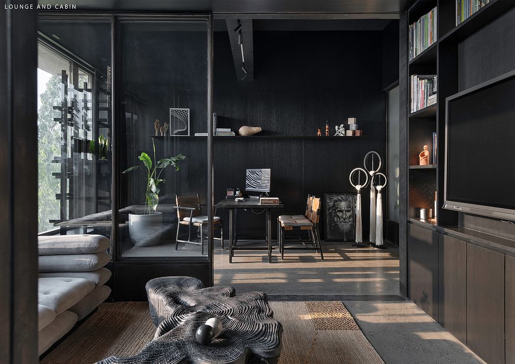 Moody, industrial-inspired interior with glass partition, shelving, and eclectic decor.