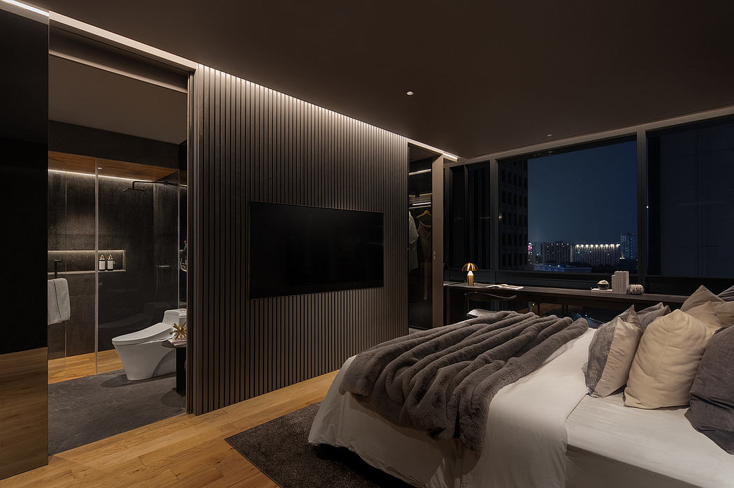 Sleek, modern bedroom with minimalist design, dark wood paneling, and city skyline view.