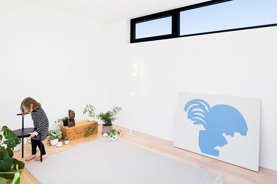 Minimalist interior with wooden shelves, potted plants, and a large abstract wall art piece.