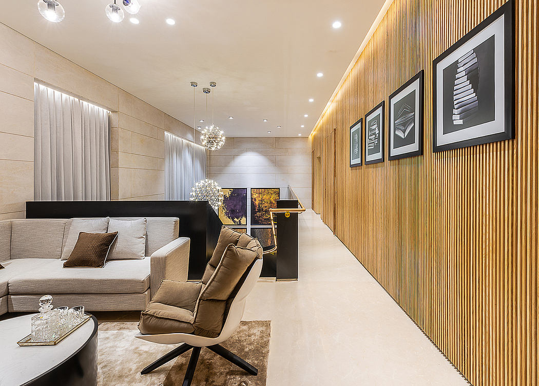 Contemporary living room with sleek furniture, intricate lighting, and bold geometric wall panels.