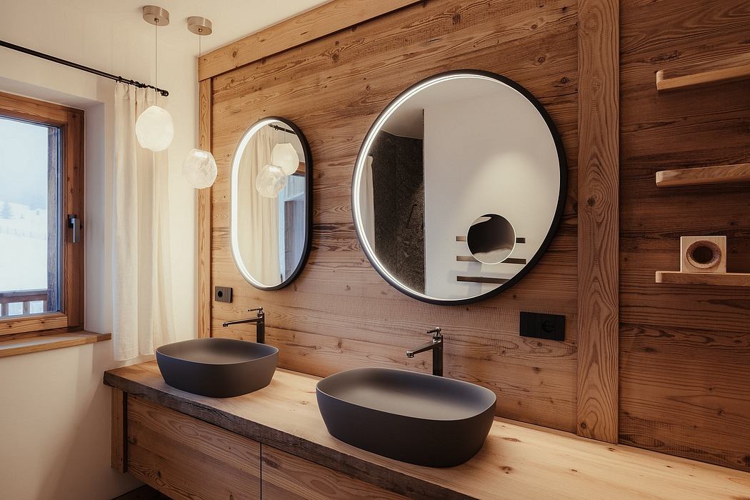 Rustic bathroom with wooden walls, round mirrors, and modern black sinks.