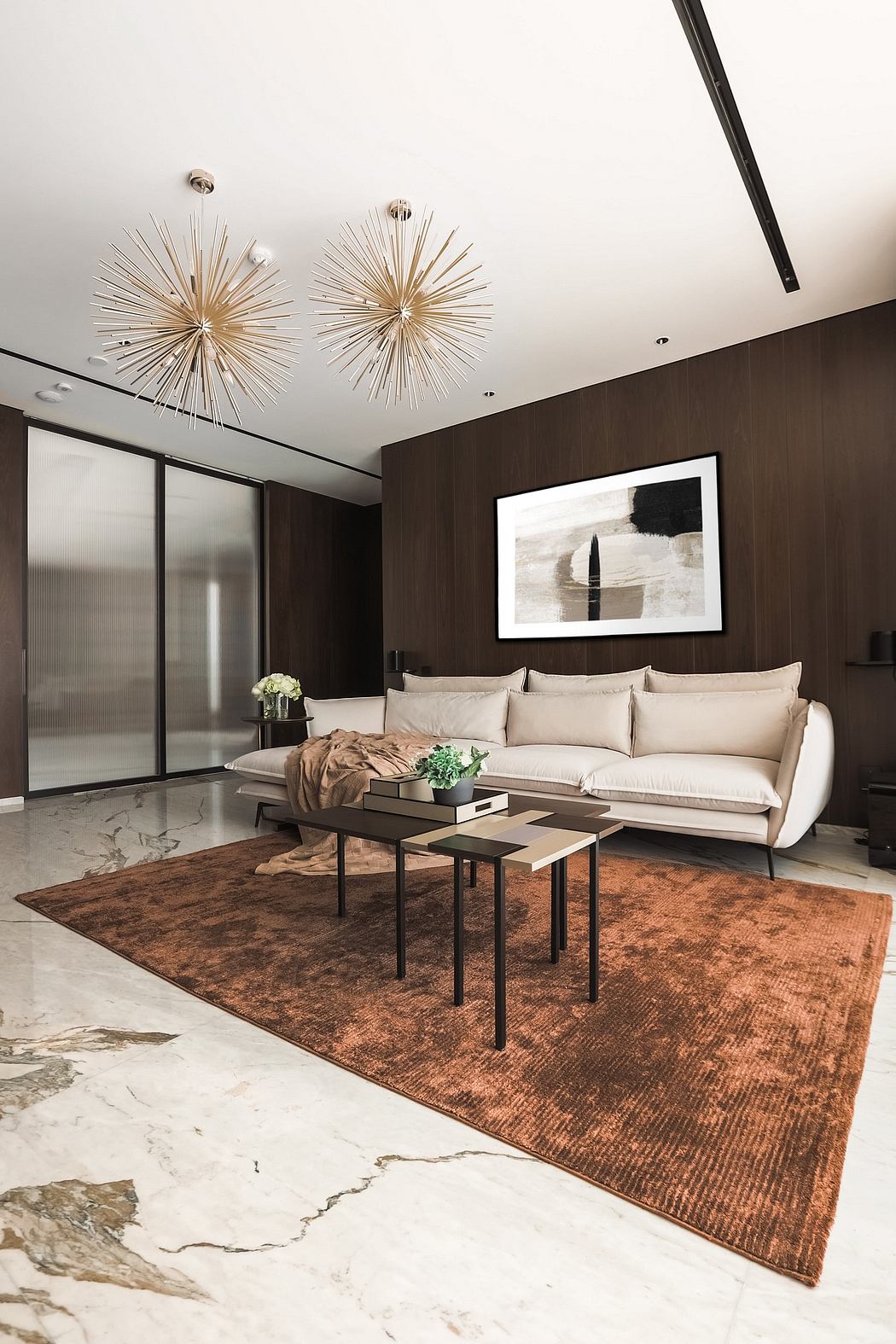 Luxurious modern living room with sleek furniture, statement chandeliers, and a striking abstract artwork.