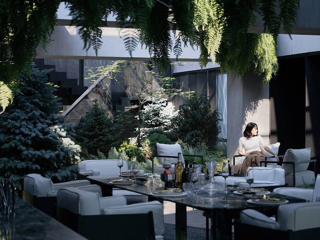 Luxurious outdoor dining area with modern architecture, lush greenery, and cozy seating.