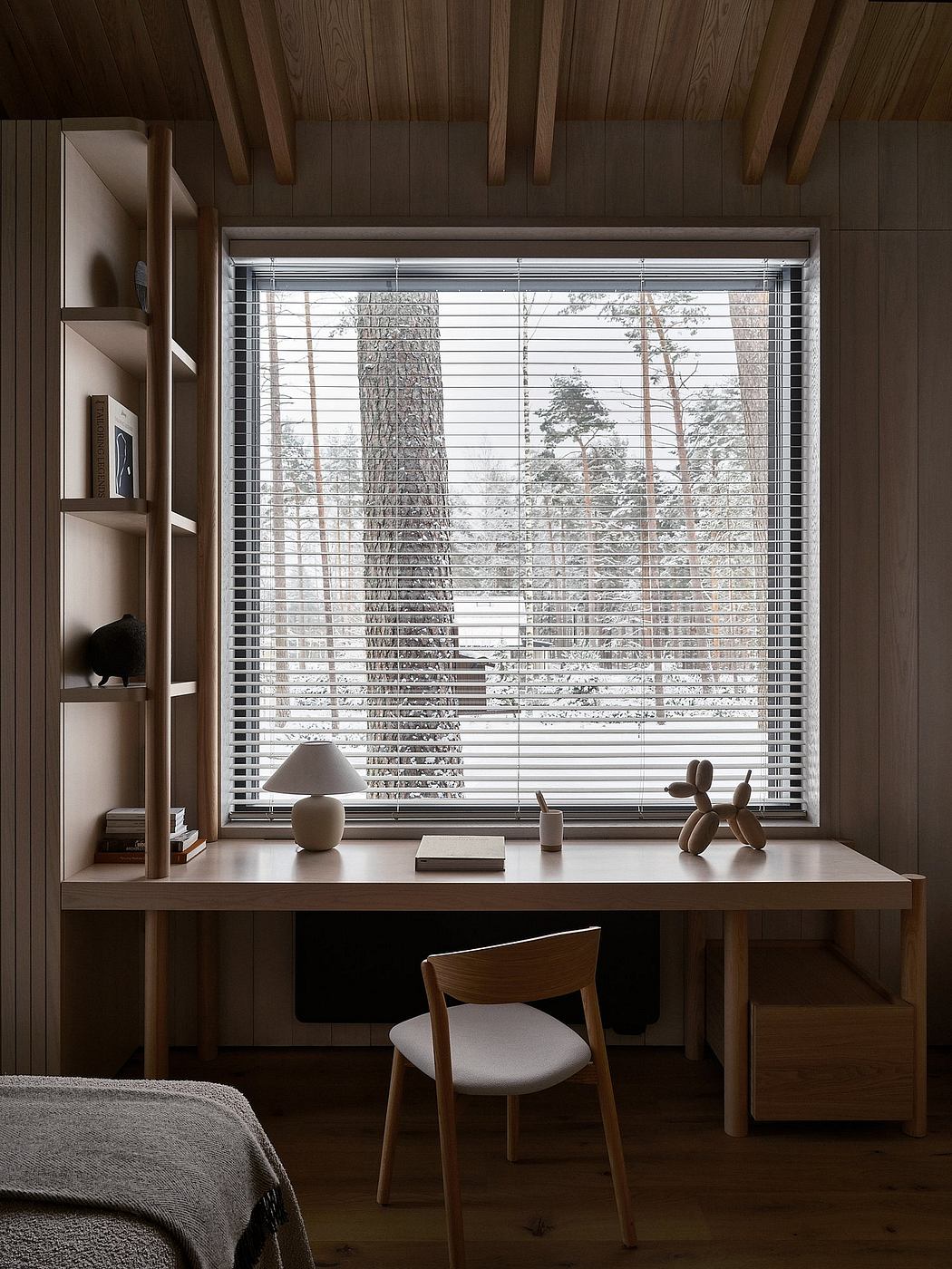 Cozy retreat with wooden beams, minimalist shelves, and large window overlooking nature.