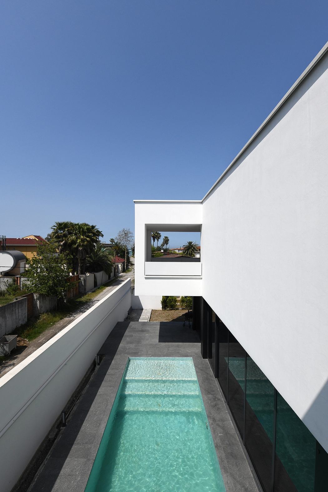 Modern architectural design with a rectangular pool, white walls, and palm trees.