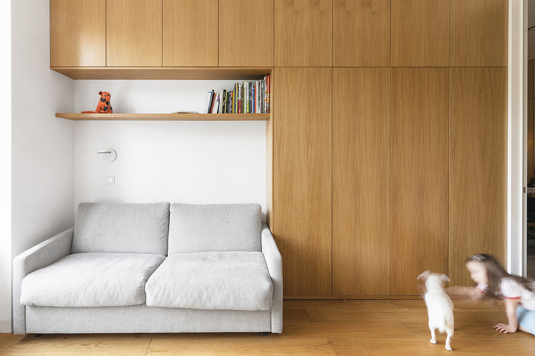 Cozy living room with built-in wooden cabinetry, minimalist gray sofa, and playful dog.