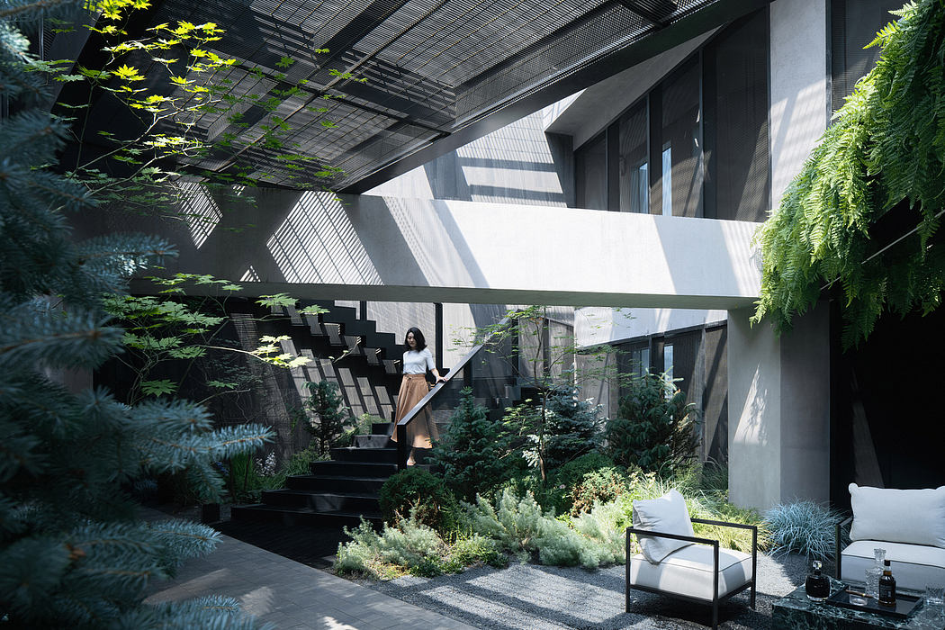 A modern, minimalist architectural design featuring an outdoor garden space with a covered walkway.
