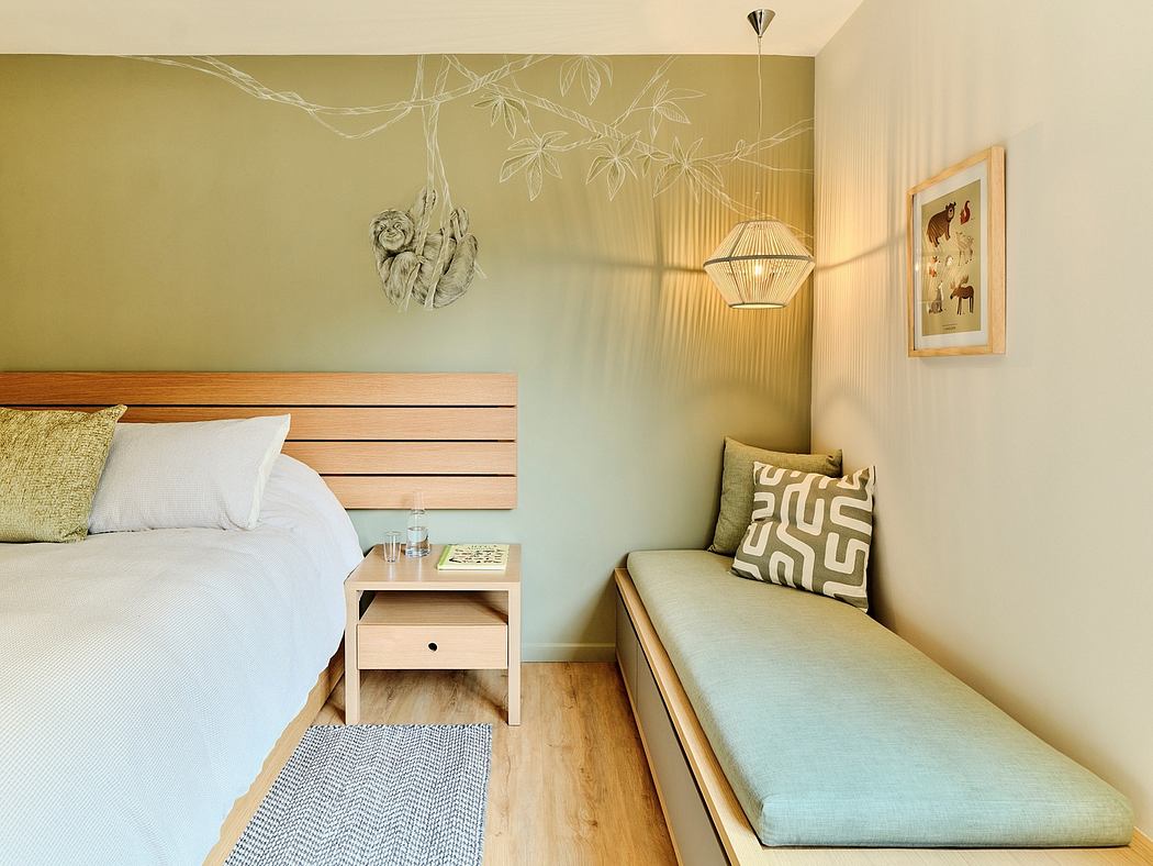 Cozy bedroom with wooden furniture, textured wall, and modern lighting. Calming palette.