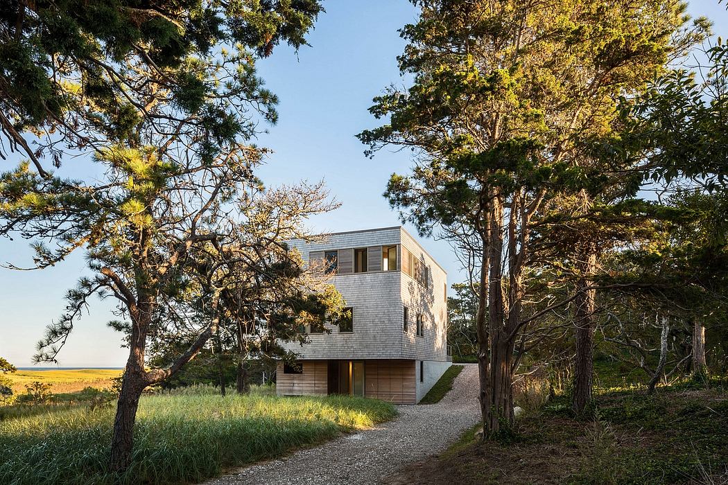A modern, two-story cabin-like structure nestled among trees, with a gravel path leading to the entrance.