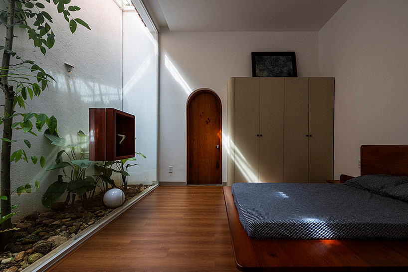 A modern bedroom with wooden floors, built-in cabinets, and a verdant indoor garden.