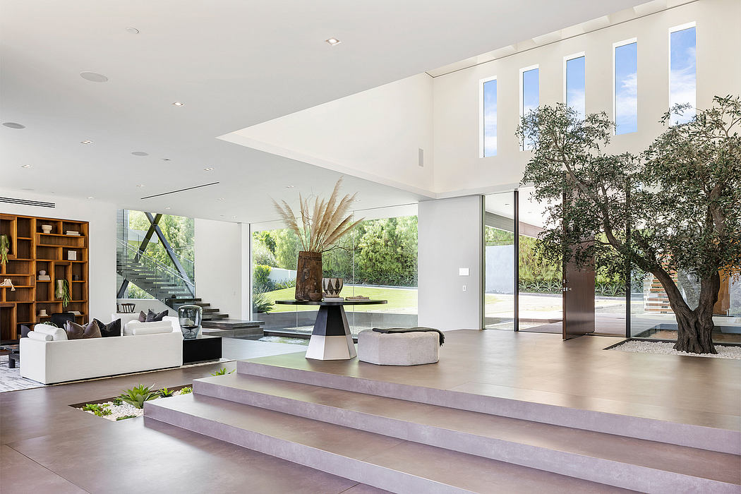 A modern, open-concept living area with floor-to-ceiling windows, an olive tree, and floating staircase.