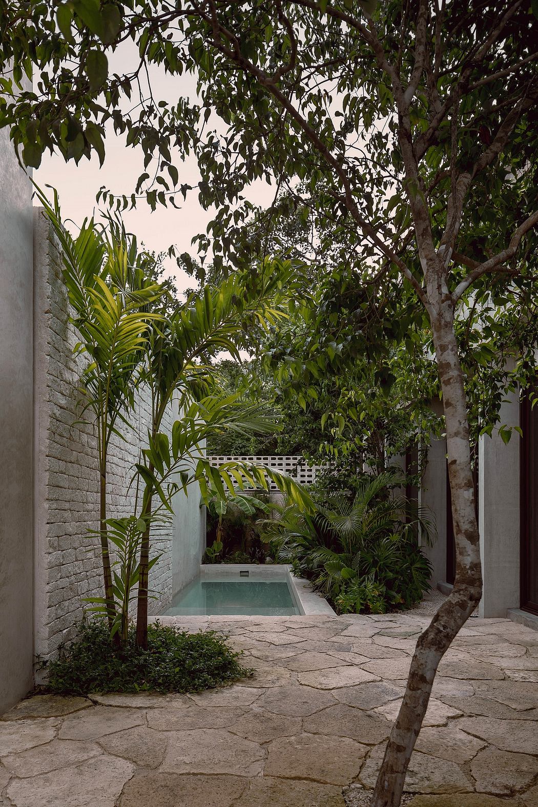 Lush tropical garden with a small pool, surrounded by stone walls and dense foliage.