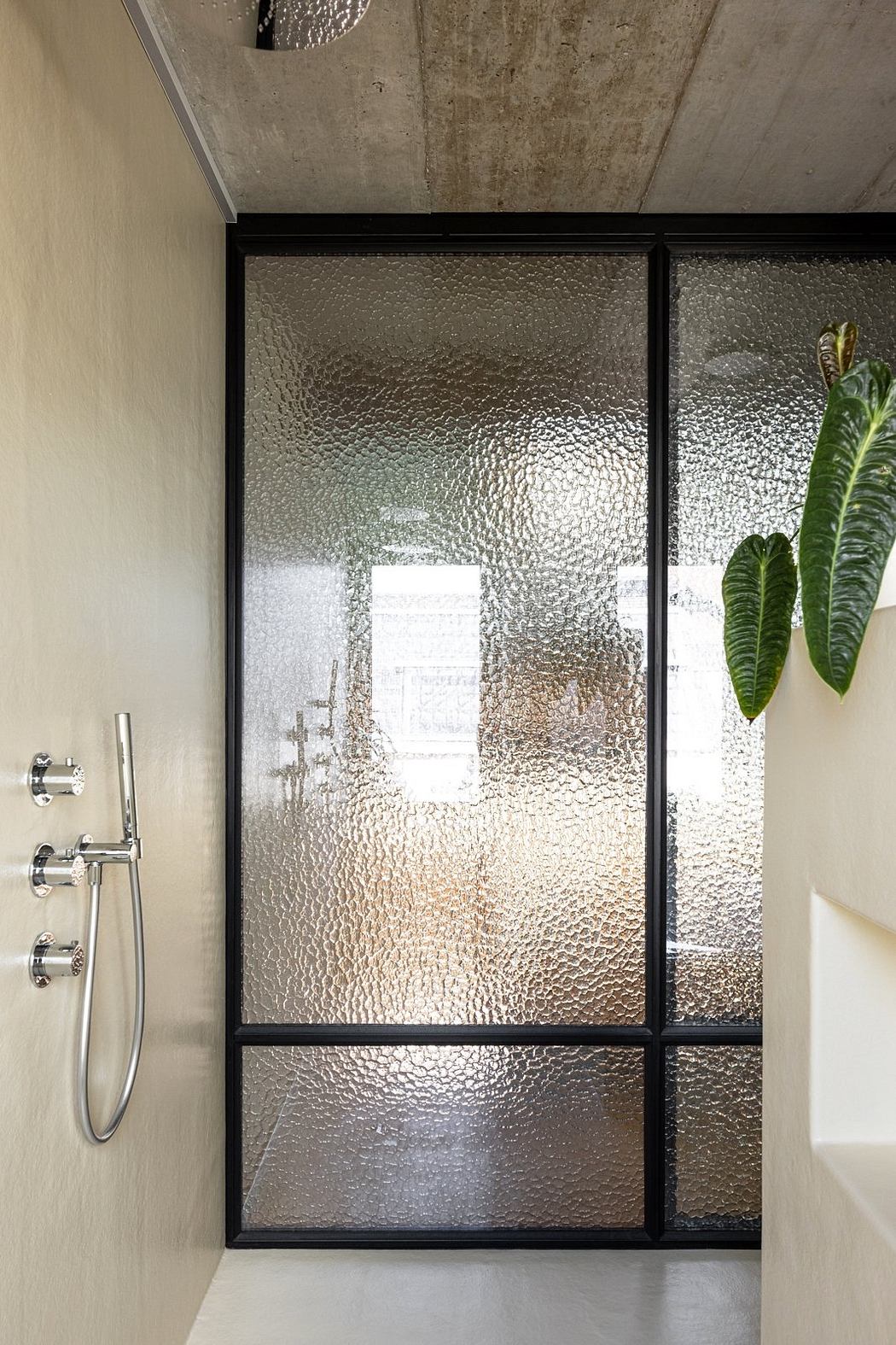Minimalist shower enclosure with textured glass panels and a potted plant.