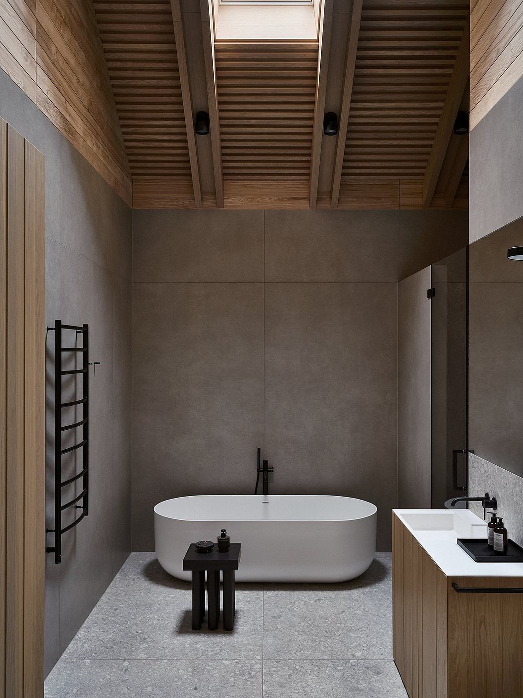 Sleek, minimalist bathroom design with wooden ceiling, concrete walls, and freestanding tub.