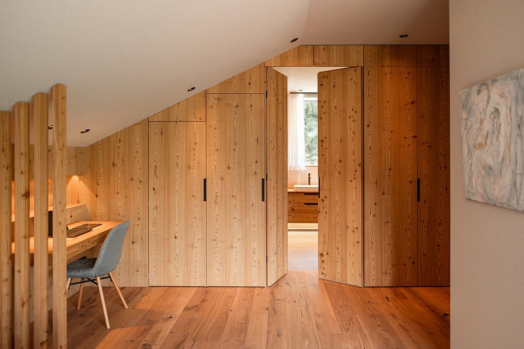 Warm-toned wood paneling and flooring create a cozy, rustic atmosphere.