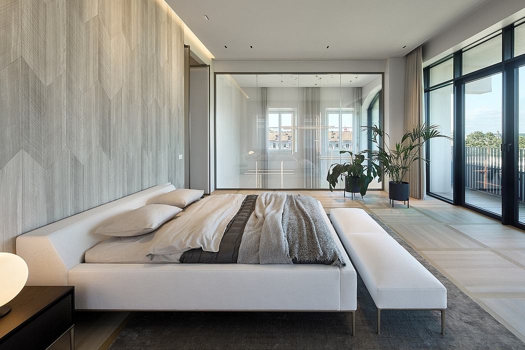 Minimalist bedroom with floor-to-ceiling windows, wooden wall panels, and a large bed.
