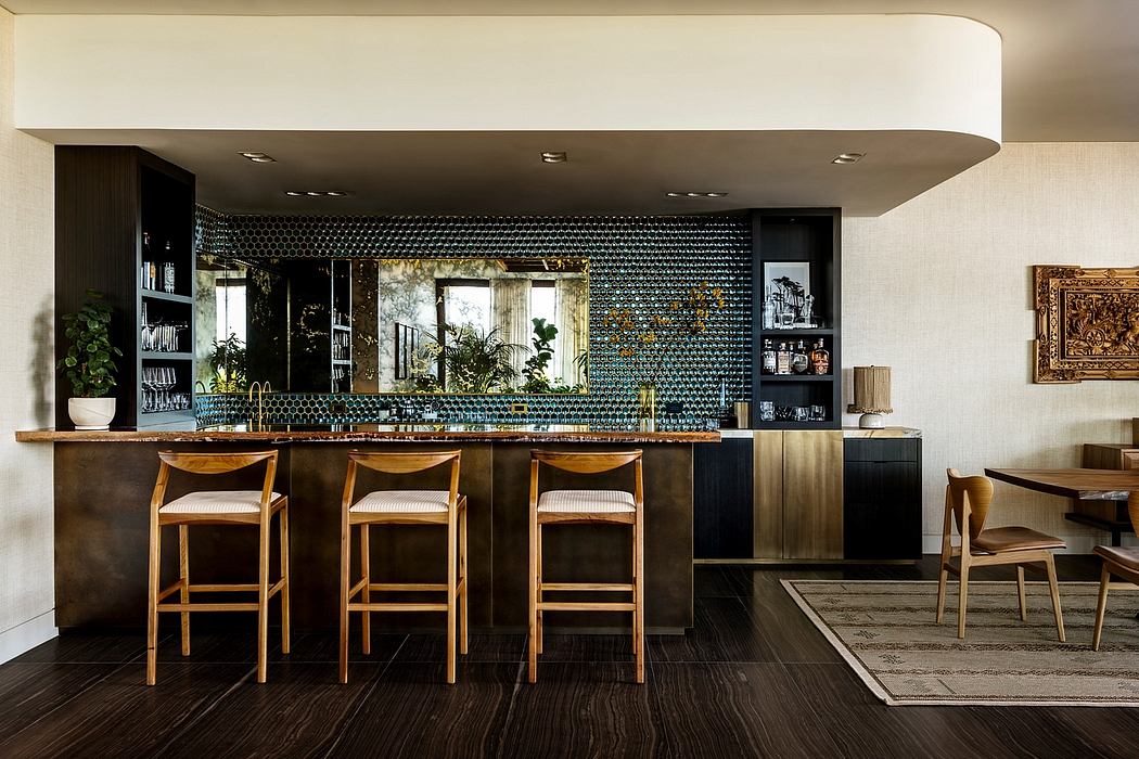 An elegant bar area with a striking tiled backsplash, wooden stools, and intriguing decor elements.