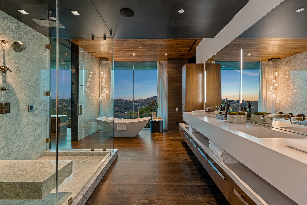 A luxurious bathroom with floor-to-ceiling windows, wooden accents, and a freestanding tub.