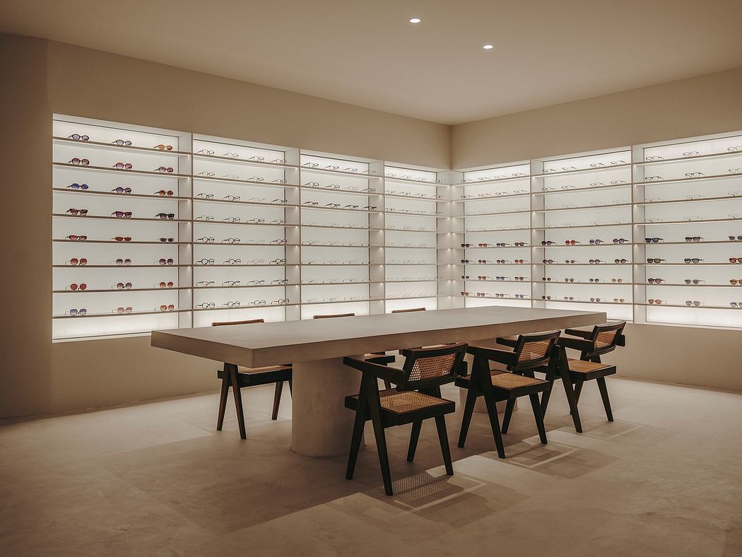 Minimalist eyewear showroom with sleek display shelves and modern wooden furniture.