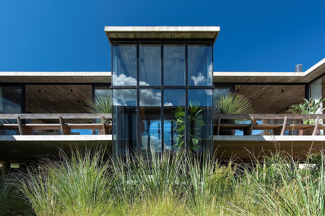 Modern glass and wood structure surrounded by lush vegetation and blue sky.