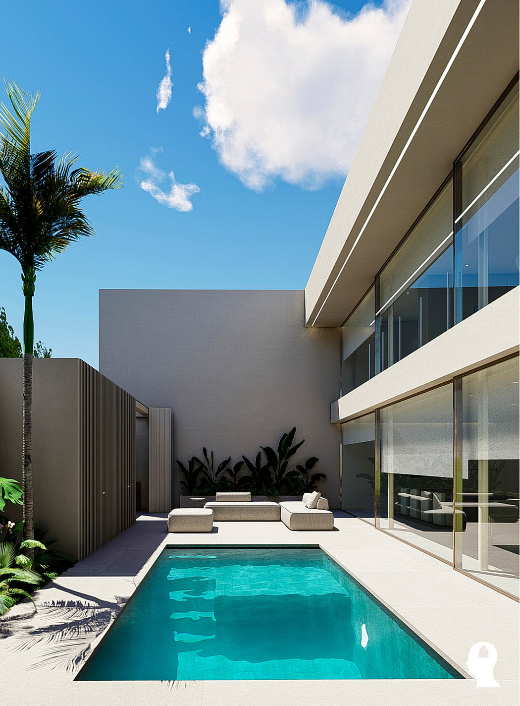 Modern architectural design with sleek lines, glass walls, and a refreshing pool area.