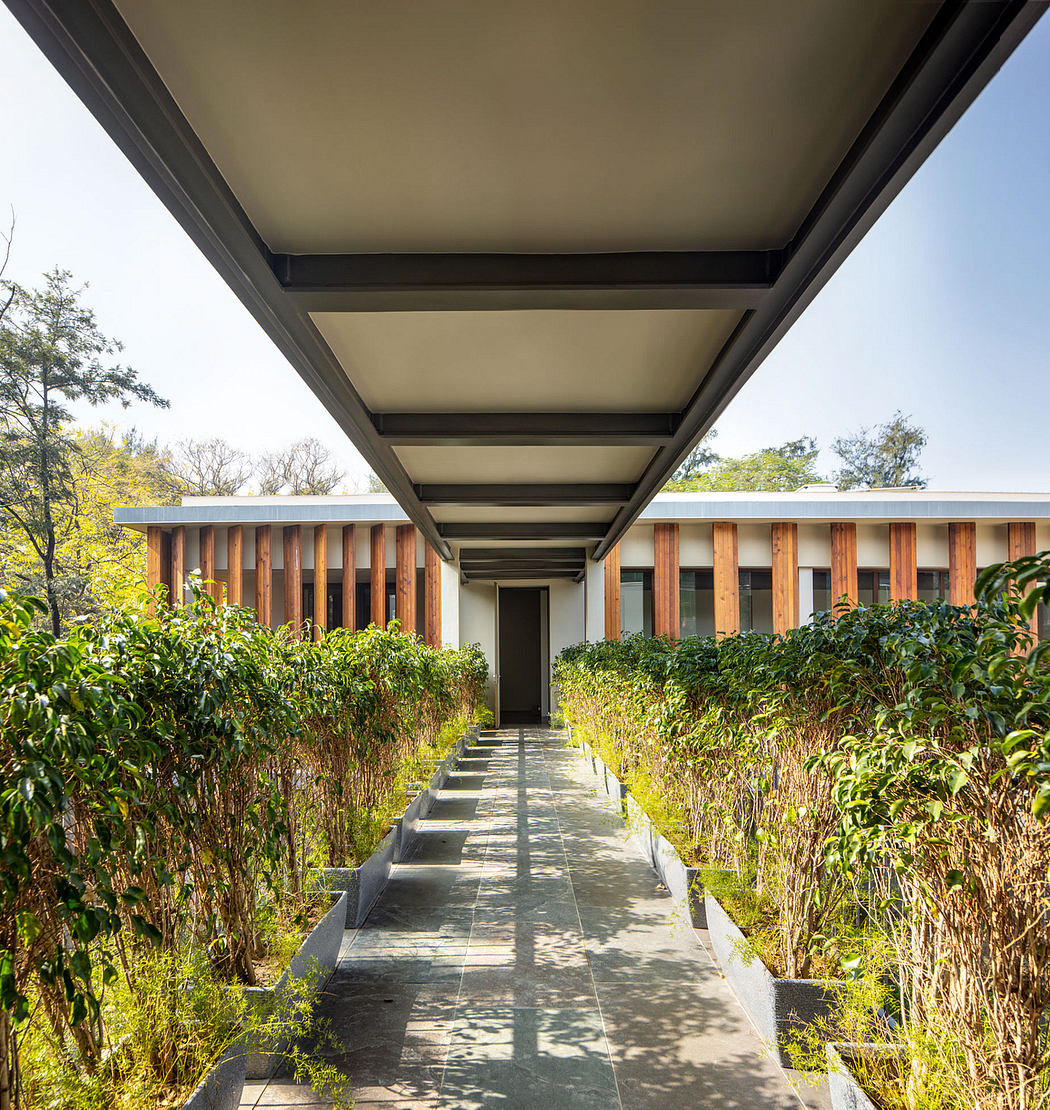 Covered walkway leading to a modern, wooden-clad building surrounded by lush greenery.