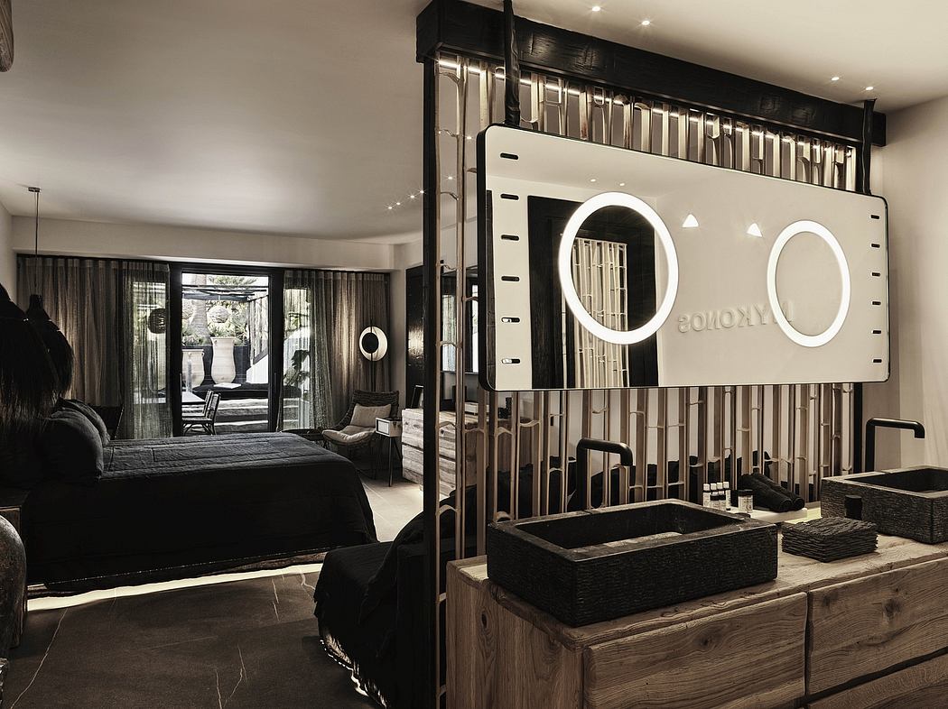 Luxurious monochrome bedroom with modern vanity, recessed lighting, and outdoor view.