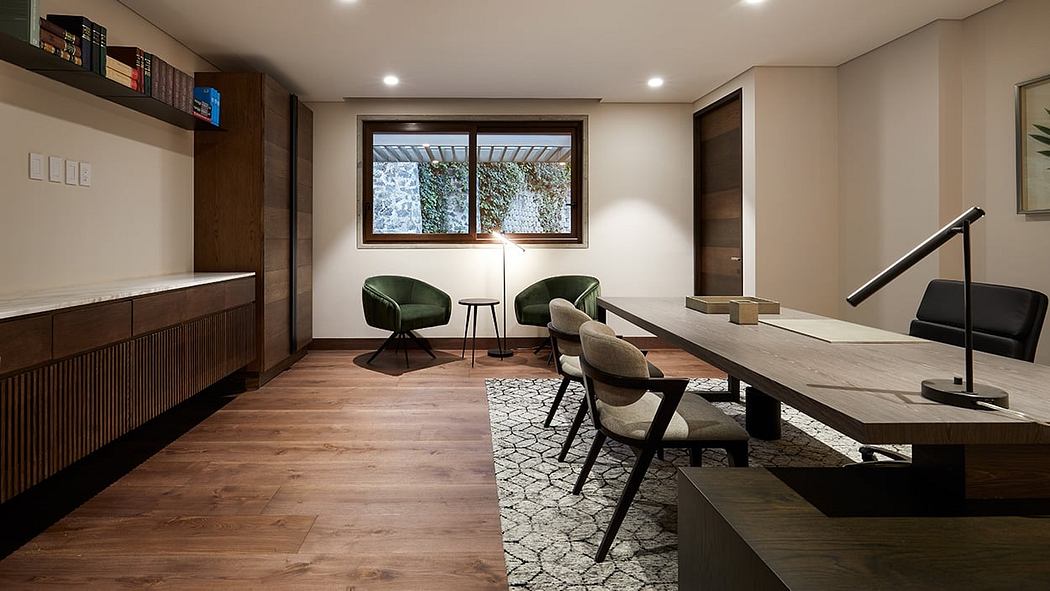 Modern home office with wooden accents, large window, sleek furniture, and rug.