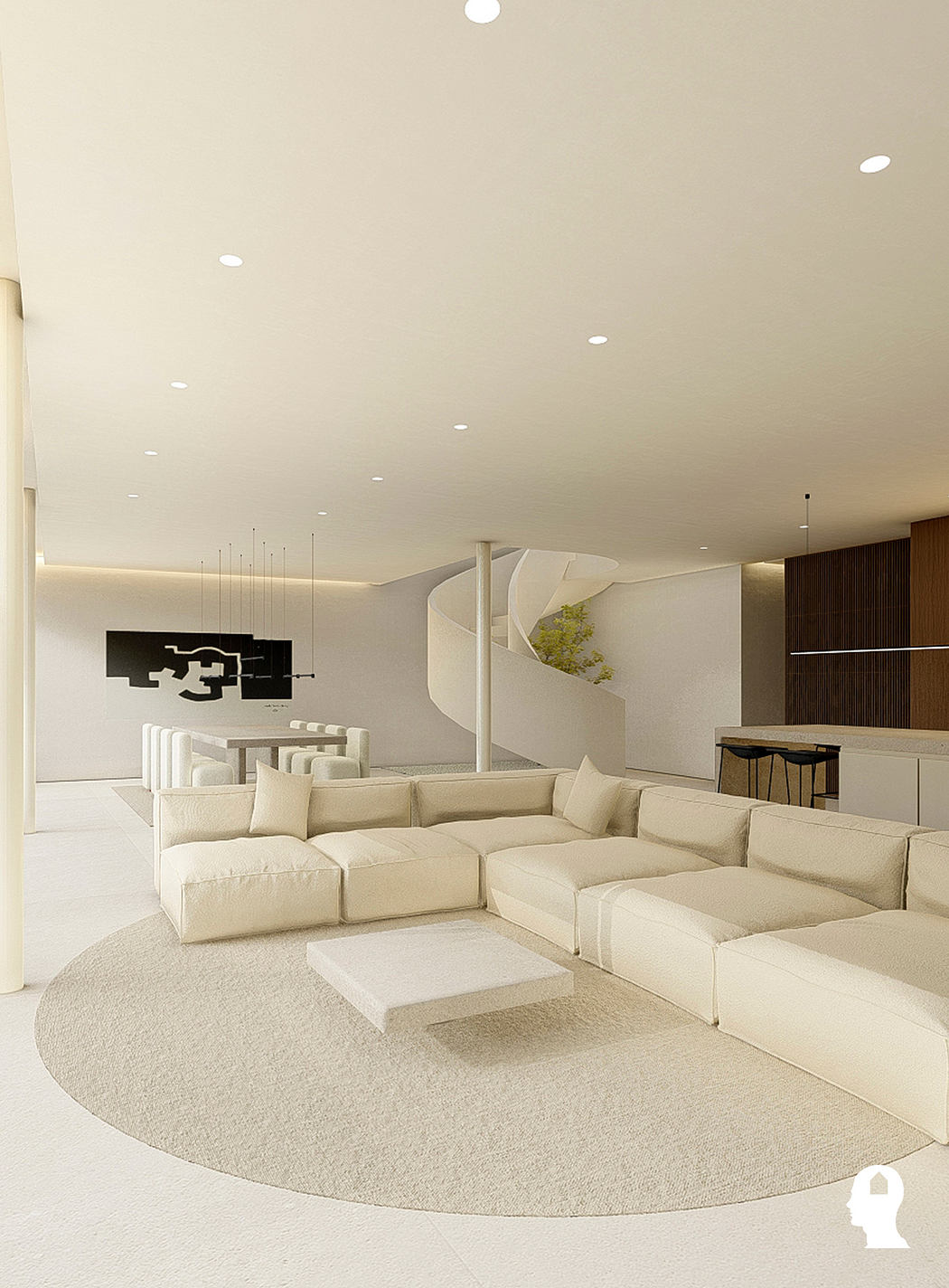 Minimalist living room with circular rug, neutral-toned sectional, and recessed lighting.
